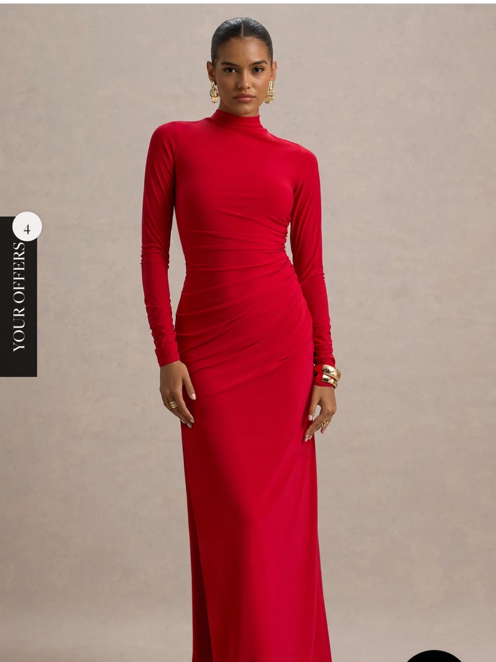 Mock Neck Long Sleeve Red Evening Gown